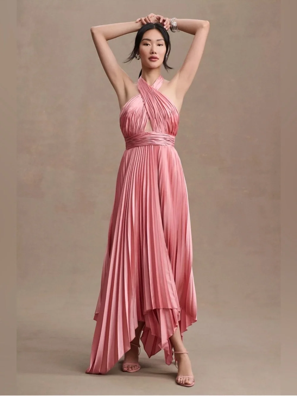 MAC DUGGAL Pleated A-Line Asymmetrical Halter Gown